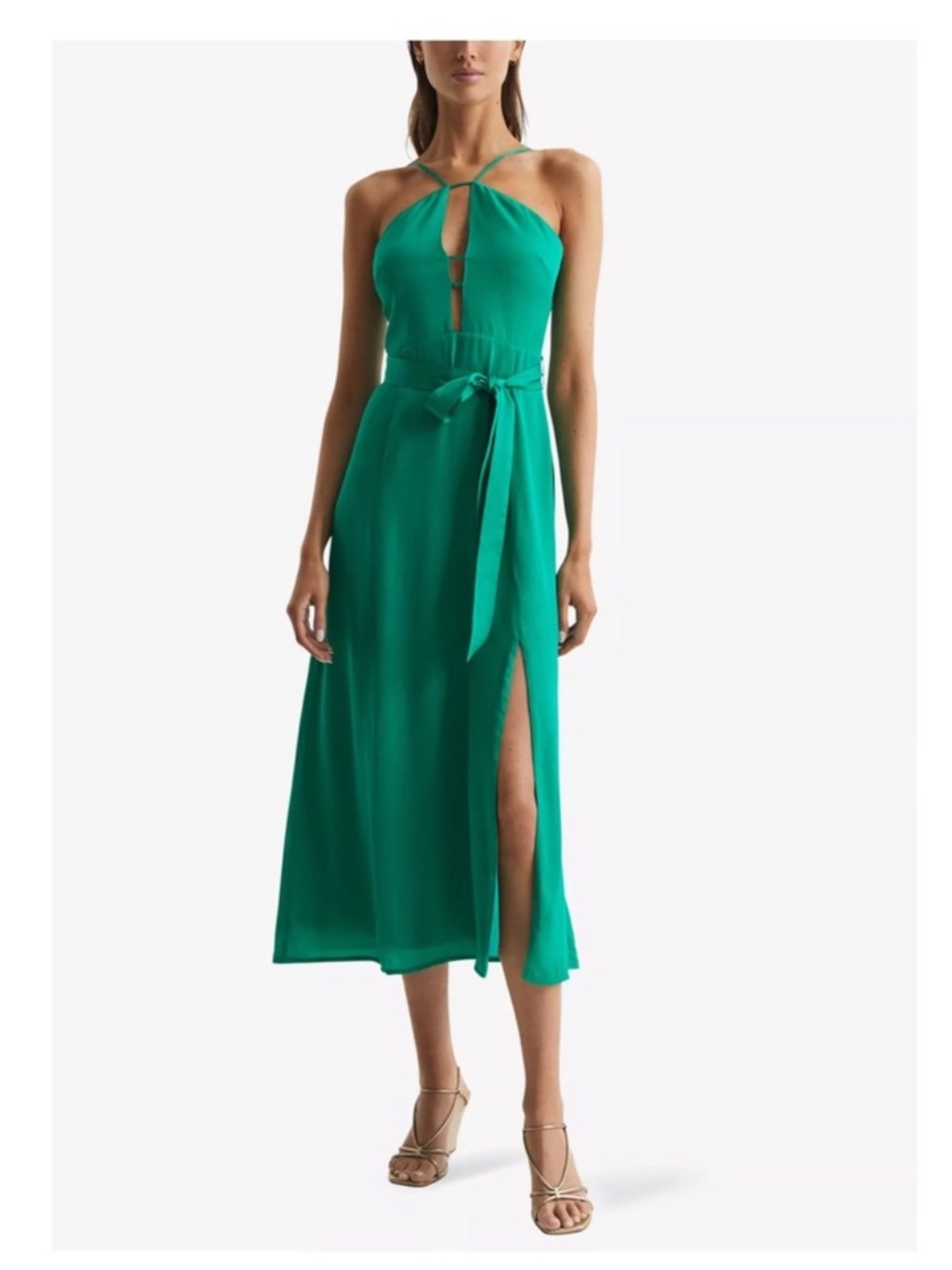 New! Reiss Arianna Plunge Halter Neck Cut-out Midi Dress in Emerald Green